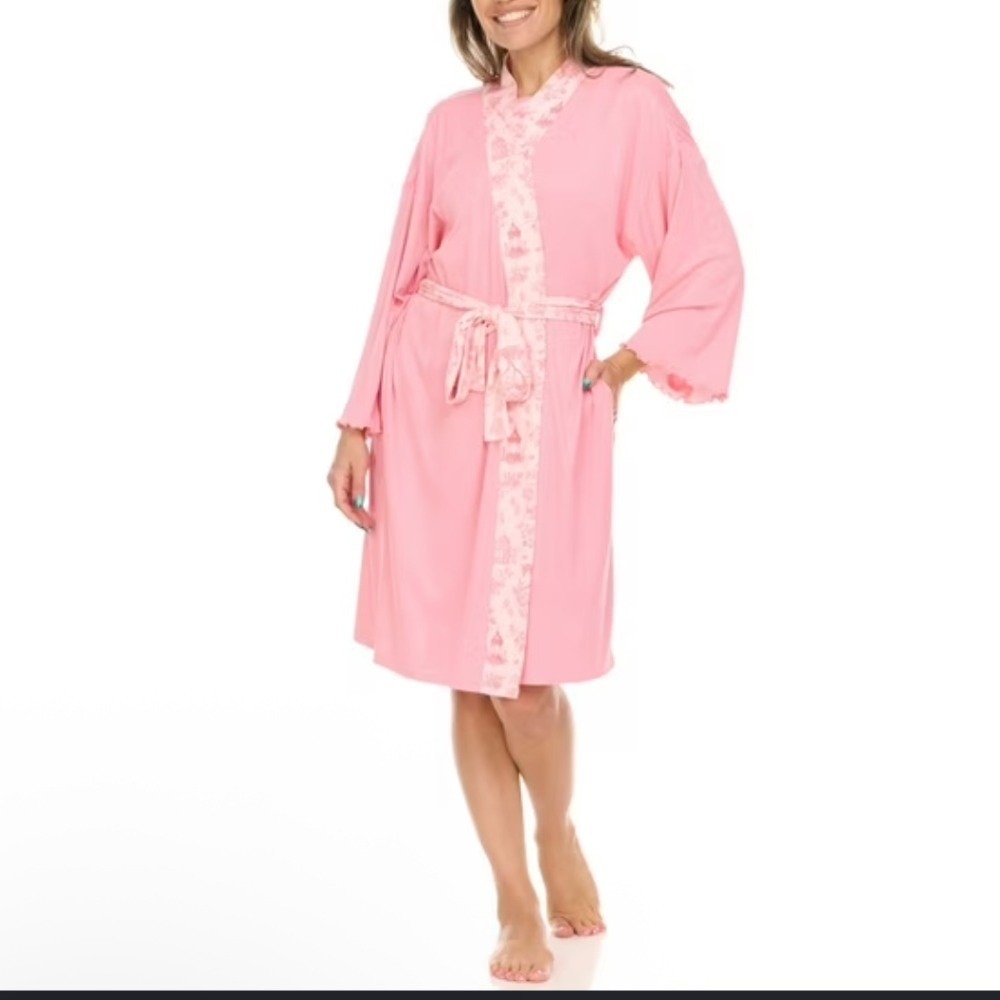 Flora Nikrooz Pink Ribbed Knit Robe M Floral Trim Coquette Lounge Soft Girl